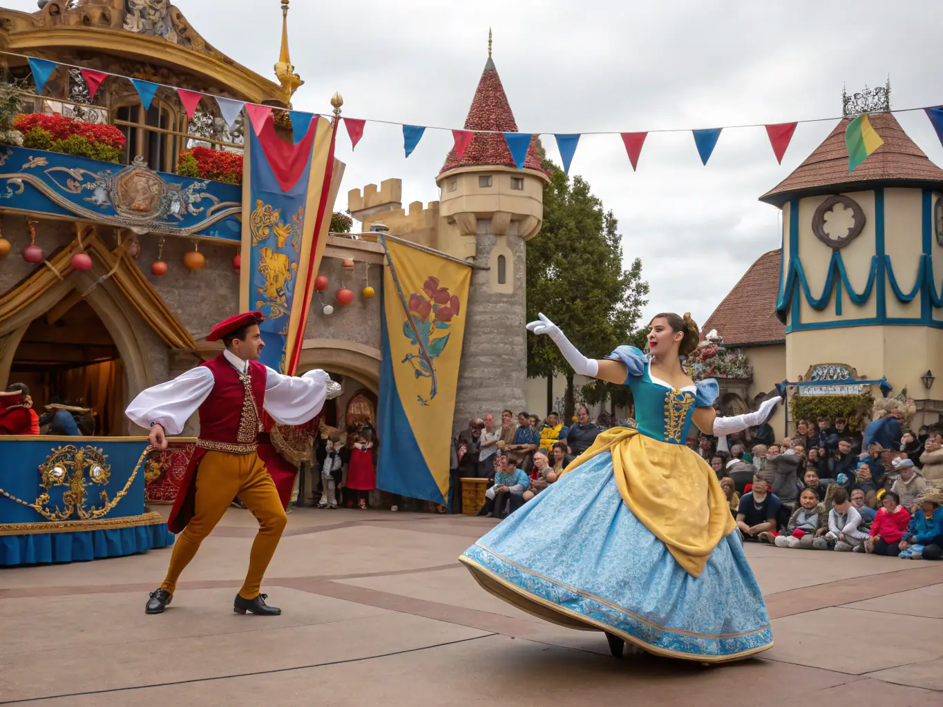 A vibrant scene from a cultural event organized by the society, featuring traditional French music and dance, with people of all ages participating.