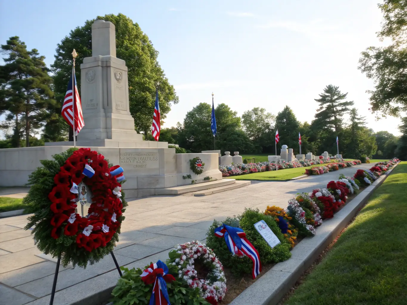A beautifully restored war memorial in a French village, with volunteers cleaning and maintaining the site, symbolizing the organization's commitment to preserving historical monuments.