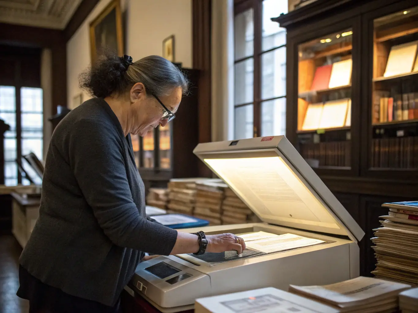 A detailed shot of a researcher carefully examining old documents in a well-organized archive, highlighting the archival preservation efforts.
